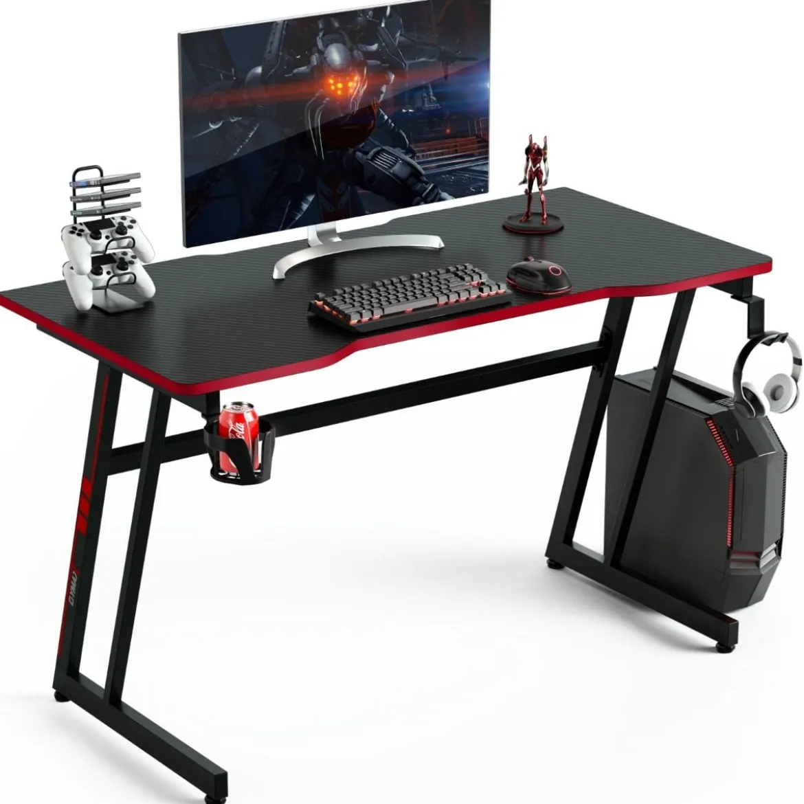 Gaming Tisch Z-förmig mit Getränkehalter Kopfhörerhaken Gamepad-Halterung Ergonomischer Schreibtisch