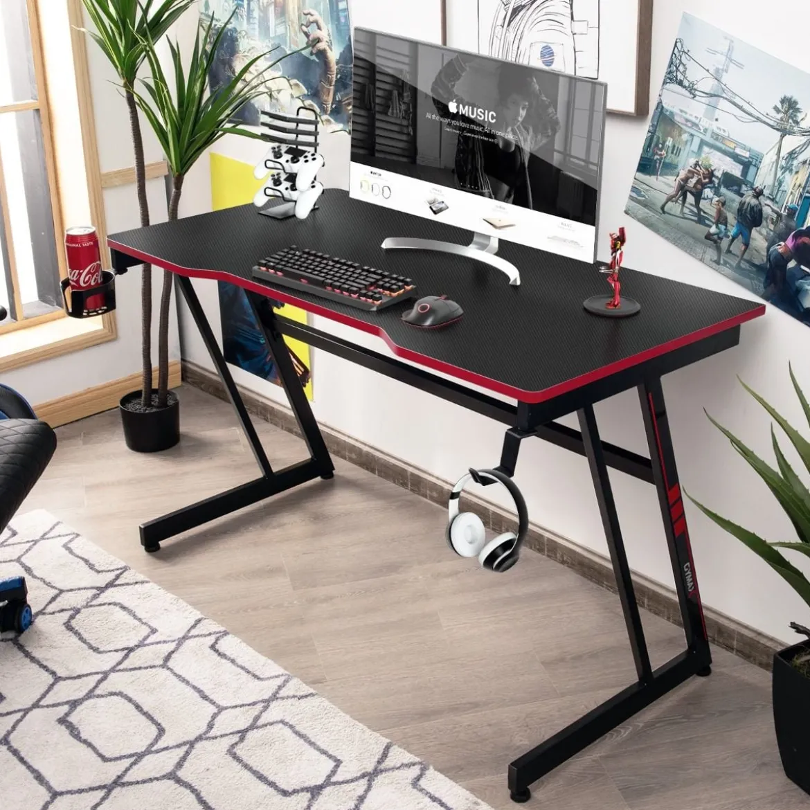 Gaming Tisch Z-förmig mit Getränkehalter Kopfhörerhaken Gamepad-Halterung Ergonomischer Schreibtisch