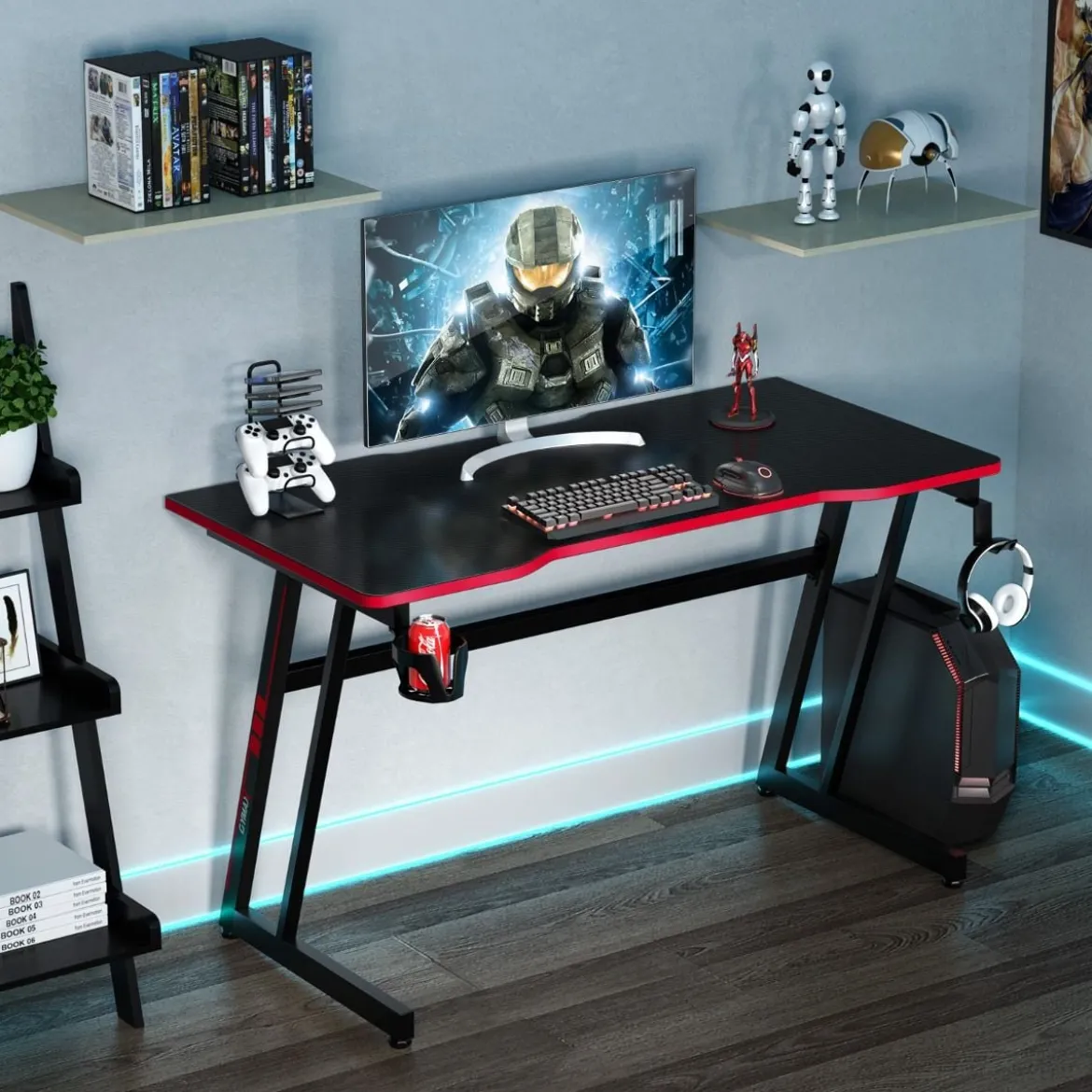 Gaming Tisch Z-förmig mit Getränkehalter Kopfhörerhaken Gamepad-Halterung Ergonomischer Schreibtisch