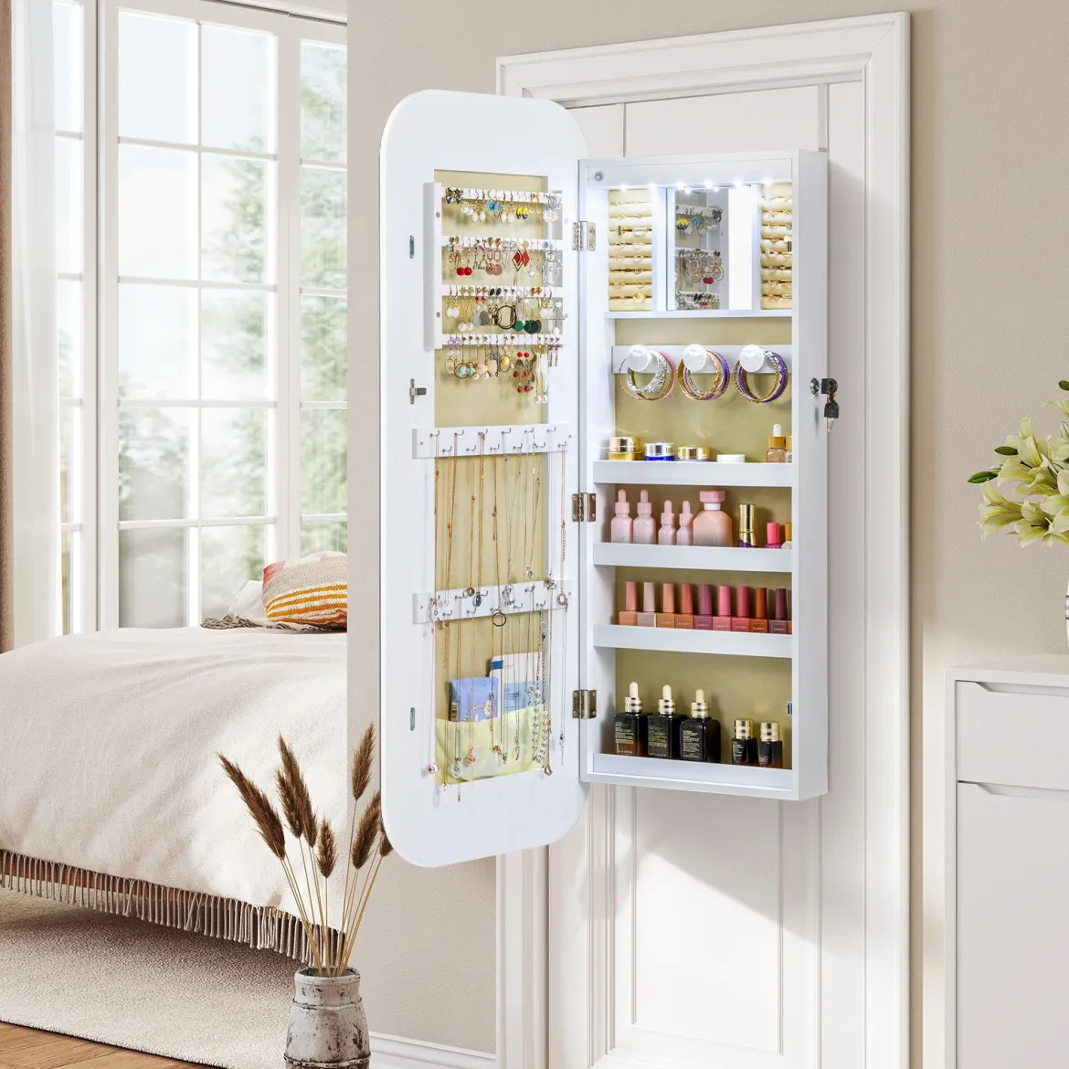 Ganzkörperspiegel mit Abschließbarem Schmuckschrank & 6 LED-Lichter Schmuckorganizer