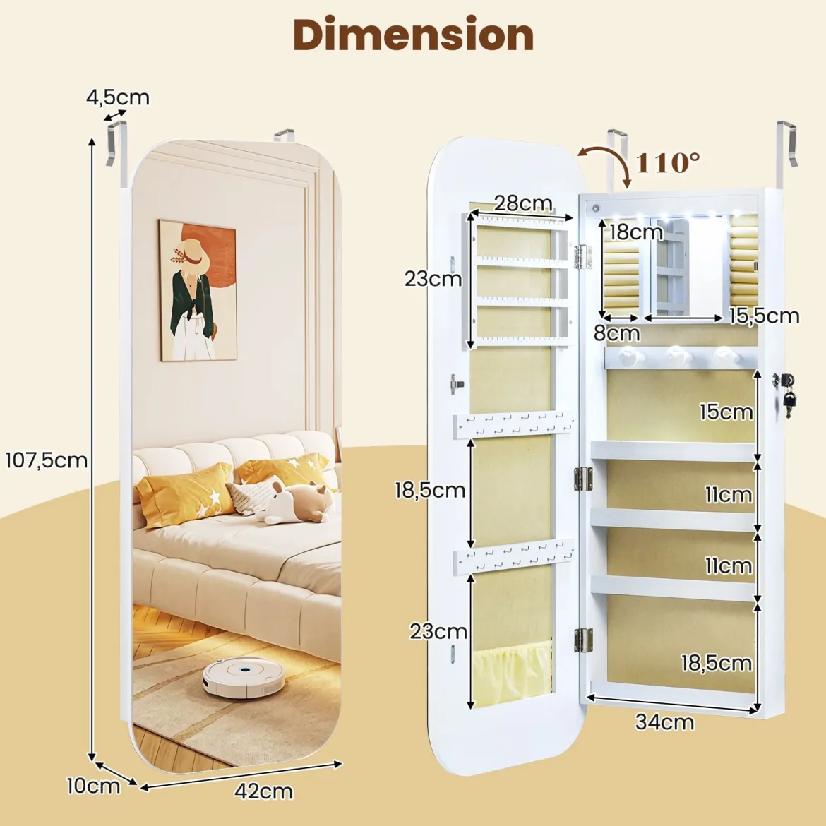 Ganzkörperspiegel mit Abschließbarem Schmuckschrank & 6 LED-Lichter Schmuckorganizer