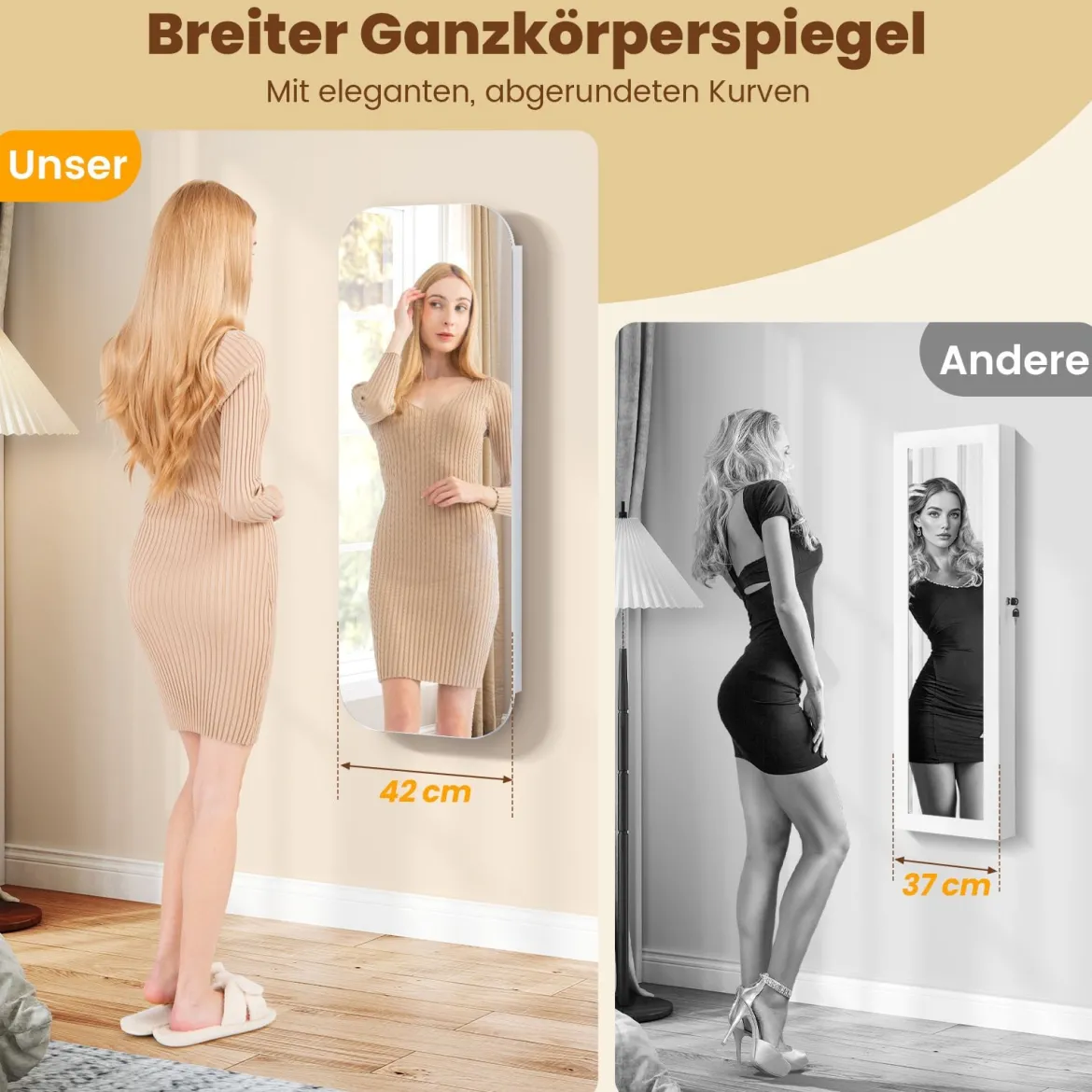 Ganzkörperspiegel mit Abschließbarem Schmuckschrank & 6 LED-Lichter Schmuckorganizer