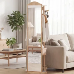 Ganzkörperspiegel mit Ständer drehbarer Garderobenständer mit Ankleidespiegel 4 Haken Natur (1 Kleiderstangen)
