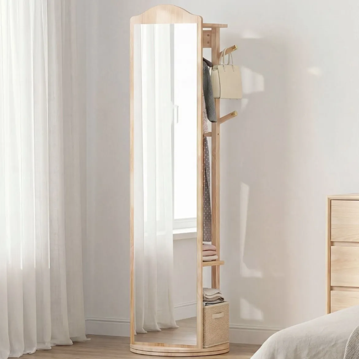 Ganzkörperspiegel mit Ständer drehbarer Garderobenständer mit Ankleidespiegel 4 Haken Natur (1 Kleiderstangen)