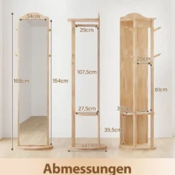 Ganzkörperspiegel mit Ständer drehbarer Garderobenständer mit Ankleidespiegel 4 Haken Natur (1 Kleiderstangen)