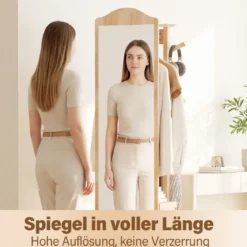 Ganzkörperspiegel mit Ständer drehbarer Garderobenständer mit Ankleidespiegel 4 Haken Natur (1 Kleiderstangen)