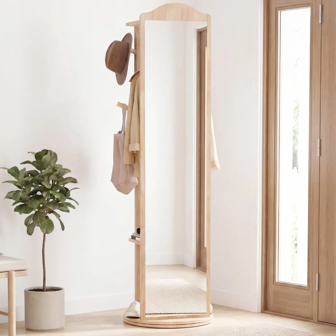 Ganzkörperspiegel mit Ständer drehbarer Garderobenständer mit Ankleidespiegel 4 Haken Natur (1 Kleiderstangen)