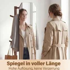 Ganzkörperspiegel mit Ständer drehbarer Garderobenständer mit Ankleidespiegel 4 Haken Walnuss (1 Kleiderstangen)