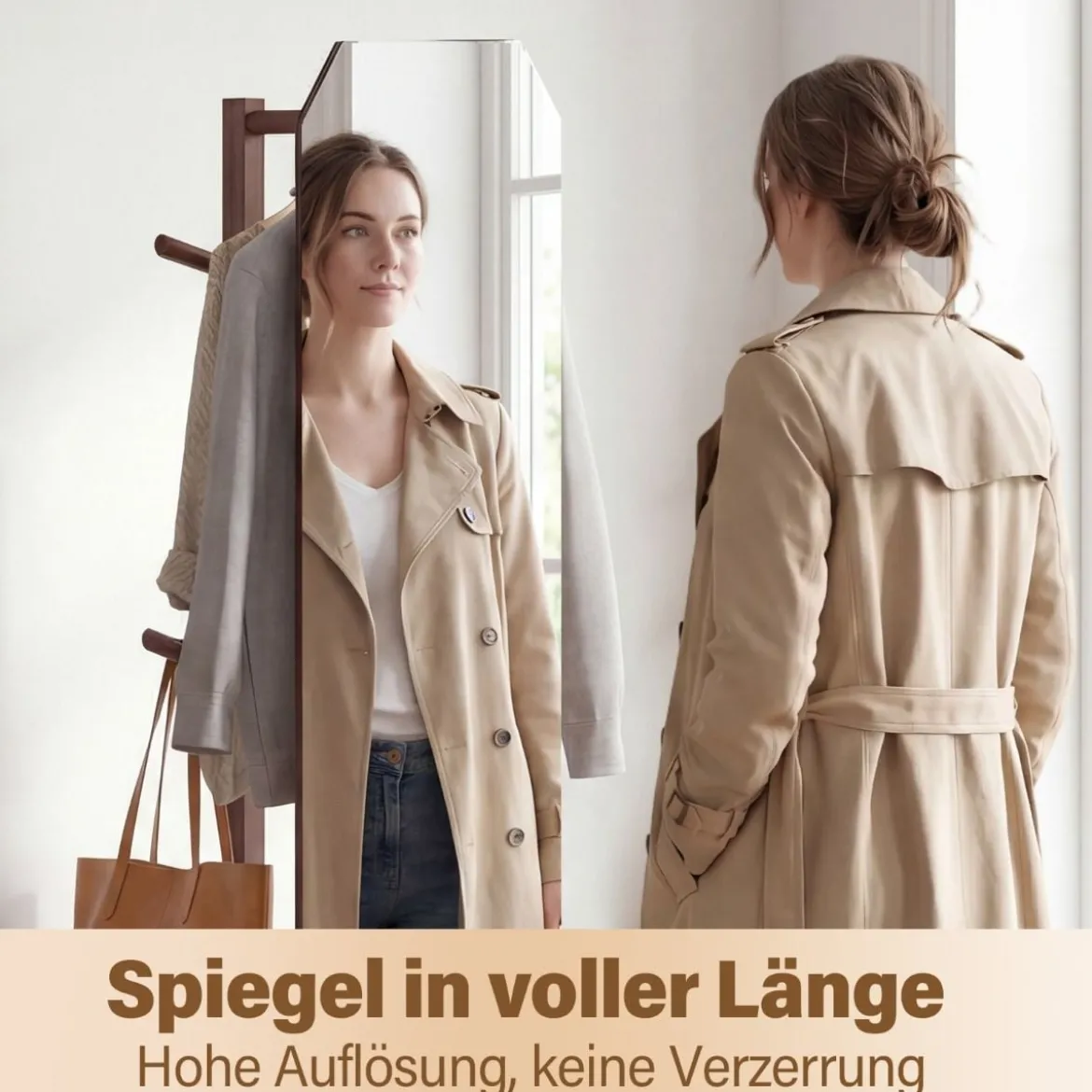 Ganzkörperspiegel mit Ständer drehbarer Garderobenständer mit Ankleidespiegel 4 Haken Walnuss (1 Kleiderstangen)