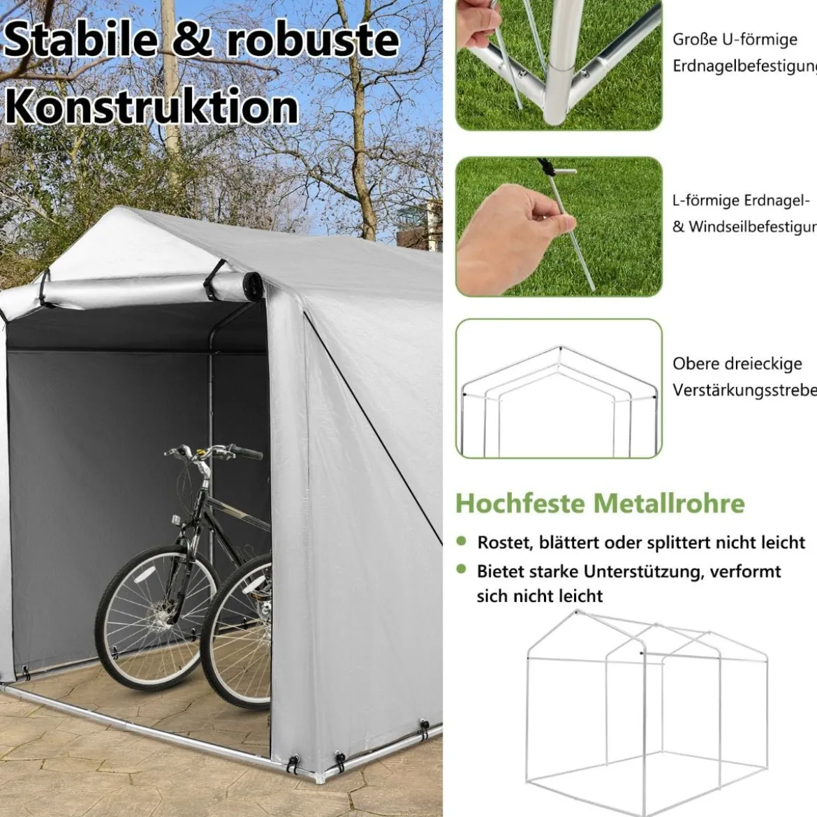 Garagenzelt 160 x 218 x 164 cm Gerätehaus Wasserdicht mit Metallrahmen Grau/Dunkelgrau