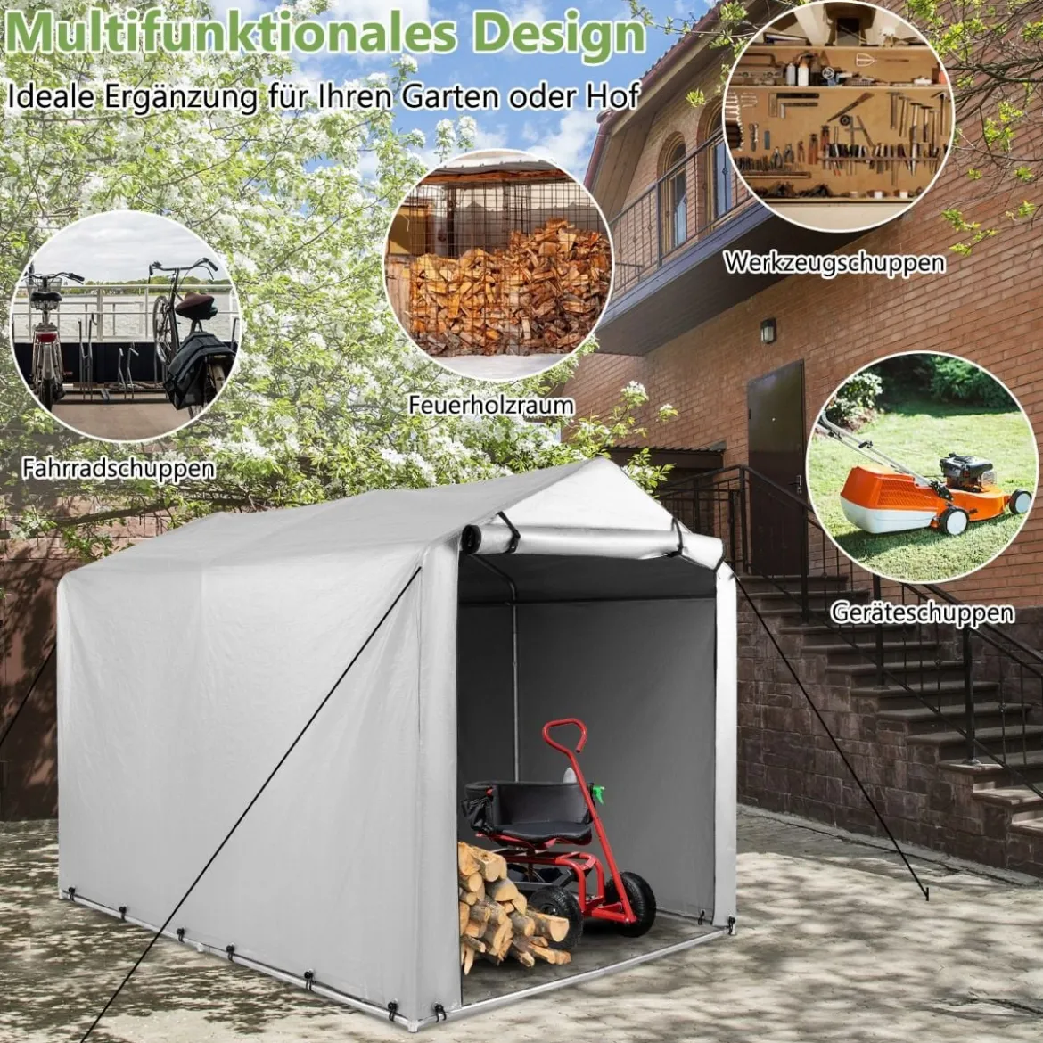 Garagenzelt 160 x 218 x 164 cm Gerätehaus Wasserdicht mit Metallrahmen Grau/Dunkelgrau