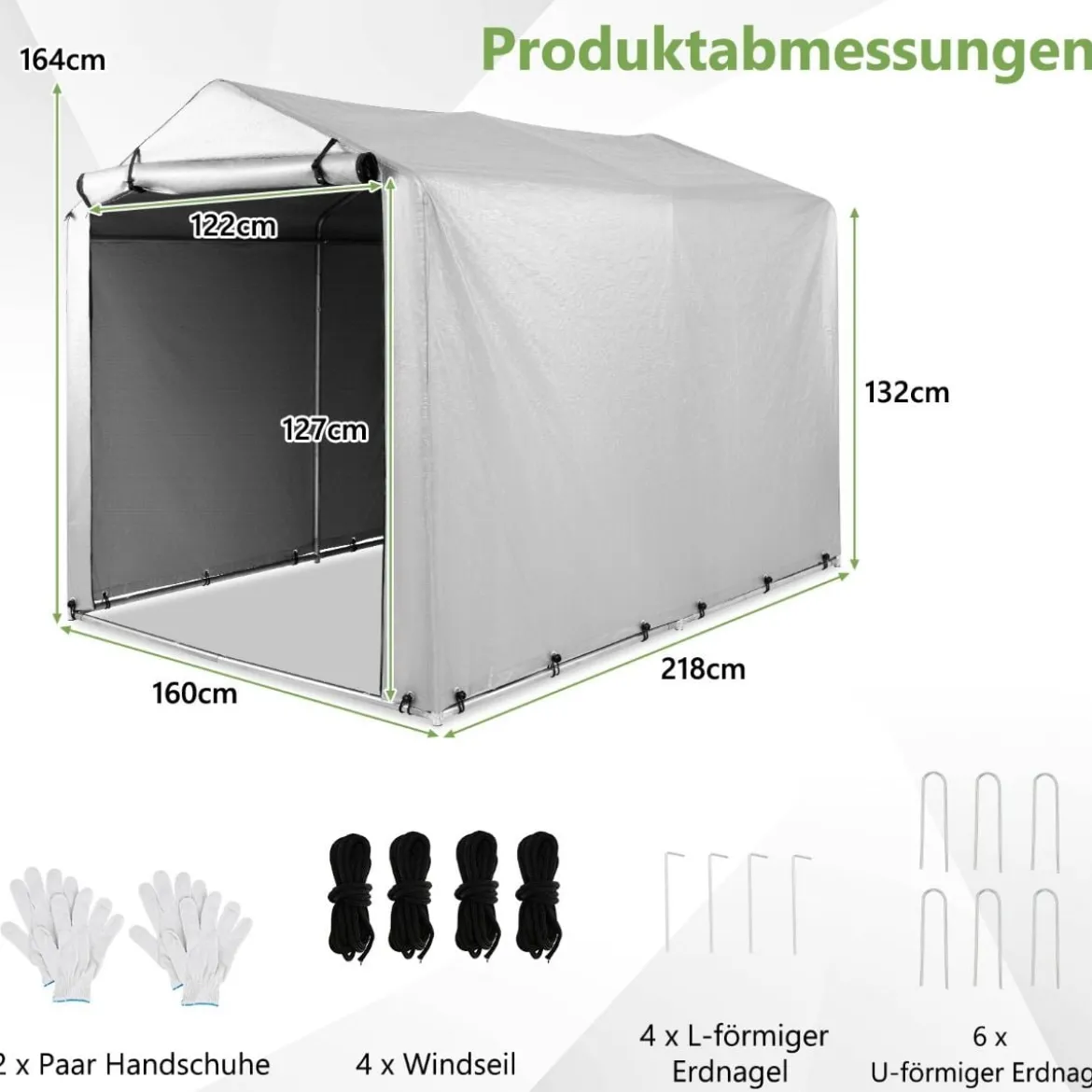 Garagenzelt 160 x 218 x 164 cm Gerätehaus Wasserdicht mit Metallrahmen Grau/Dunkelgrau