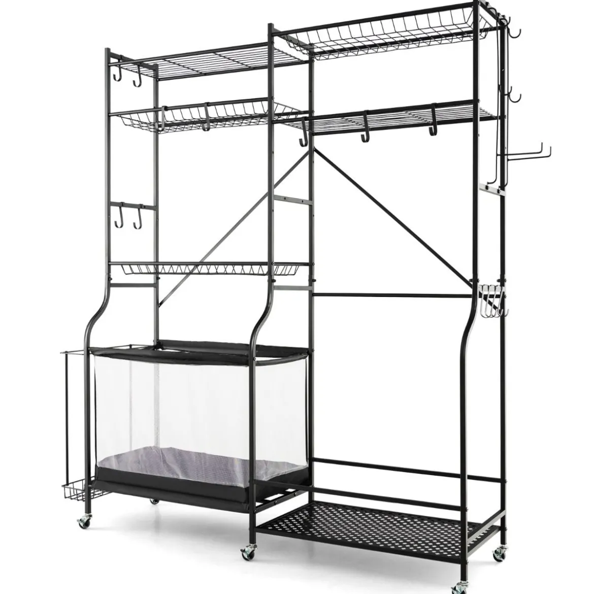 Garage Organizer Für Sportgeräte mit 5 Verstellbaren Regalen & Ballkorb & Seitlichen Haken Schwarz