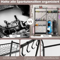 Garage Organizer Für Sportgeräte mit 5 Verstellbaren Regalen & Ballkorb & Seitlichen Haken Schwarz