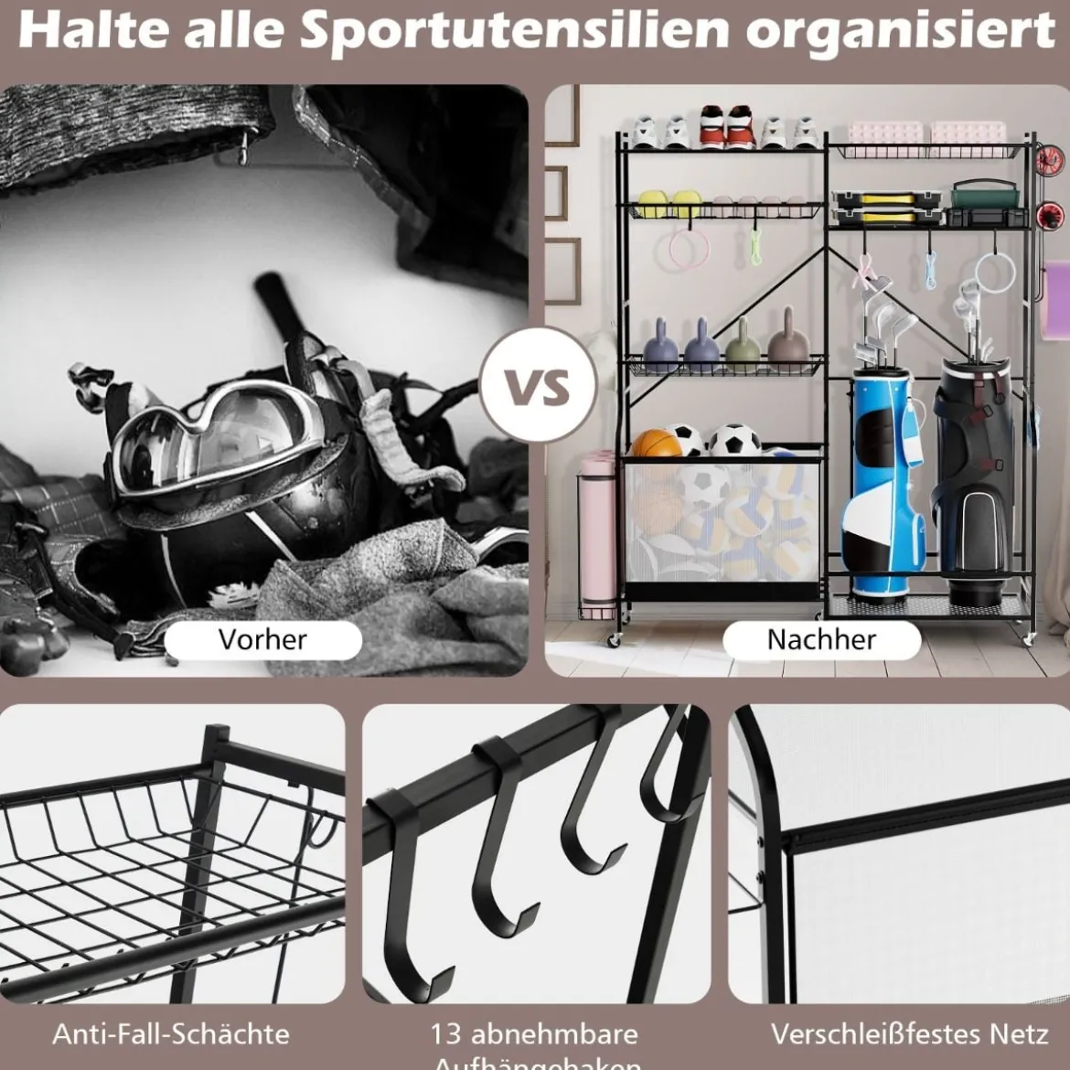 Garage Organizer Für Sportgeräte mit 5 Verstellbaren Regalen & Ballkorb & Seitlichen Haken Schwarz