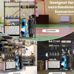 Garage Organizer Für Sportgeräte mit 5 Verstellbaren Regalen & Ballkorb & Seitlichen Haken Schwarz