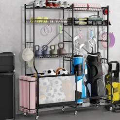 Garage Organizer Für Sportgeräte mit 5 Verstellbaren Regalen & Ballkorb & Seitlichen Haken Schwarz