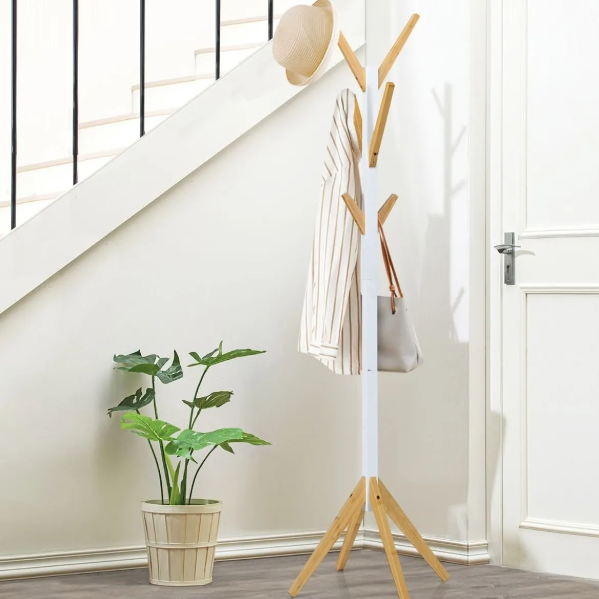 Garderobenständer aus Bambus mit 6 Haken Kleiderständer 55 x 55 x 179 cm Natur + Weiß