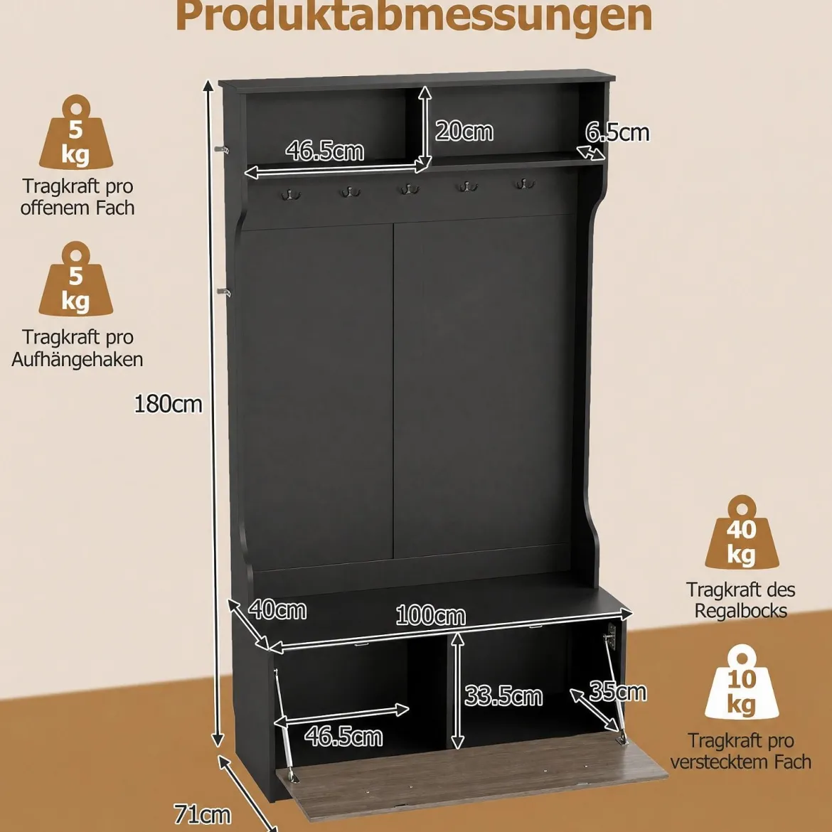 Garderobenständer Kleiderständer mit Offener Ablage Schuhregal 2 Fächern & 5 Haken Schwarz/Grau/Weiß