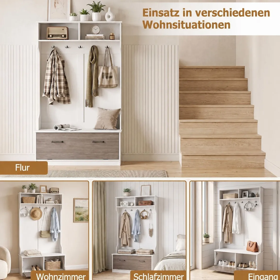 Garderobenständer Kleiderständer mit Offener Ablage Schuhregal 2 Fächern & 5 Haken Schwarz/Grau/Weiß