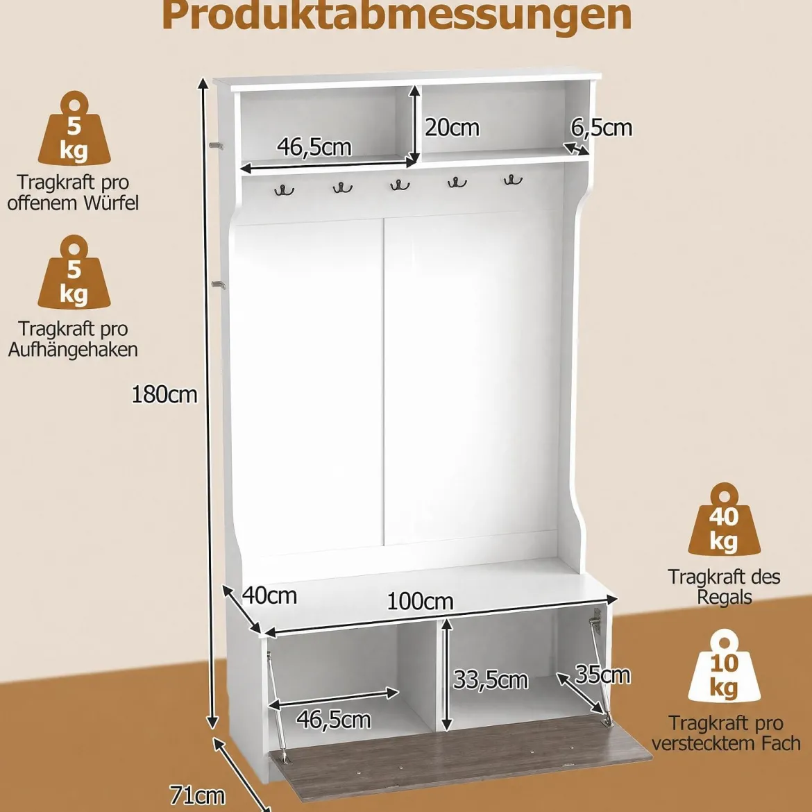 Garderobenständer Kleiderständer mit Offener Ablage Schuhregal 2 Fächern & 5 Haken Schwarz/Grau/Weiß