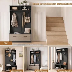 Garderobenständer Kleiderständer mit Offener Ablage Schuhregal 2 Fächern & 5 Haken Schwarz/Grau/Weiß