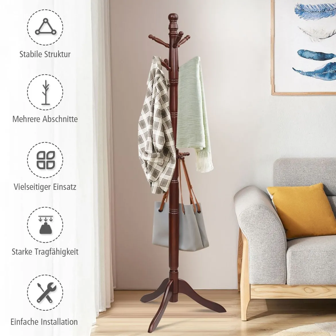 Garderobenständer mit 9 Haken freistehender Kleiderständer mit verstellbarer höhen 175 cm Braun