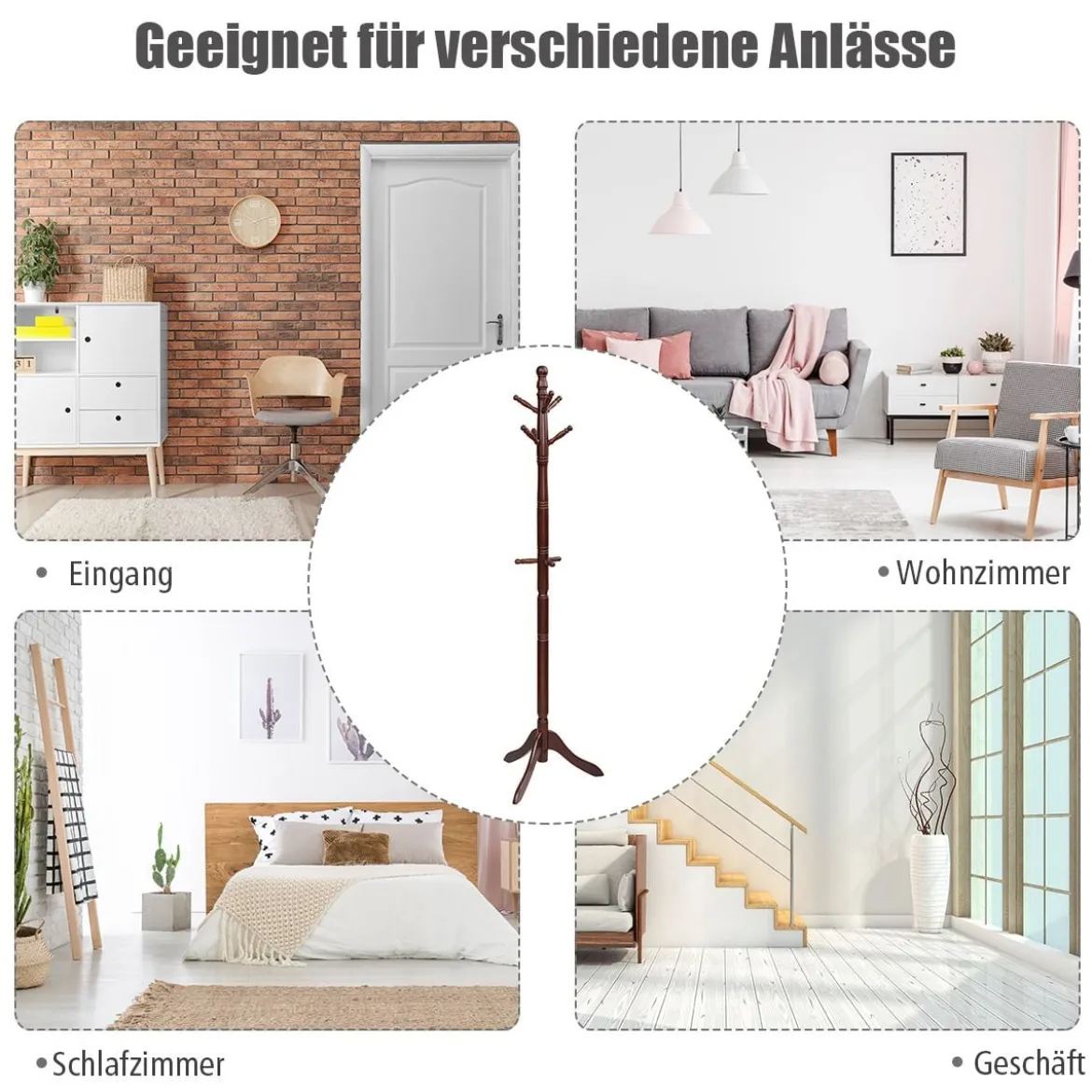 Garderobenständer mit 9 Haken freistehender Kleiderständer mit verstellbarer höhen 175 cm Braun