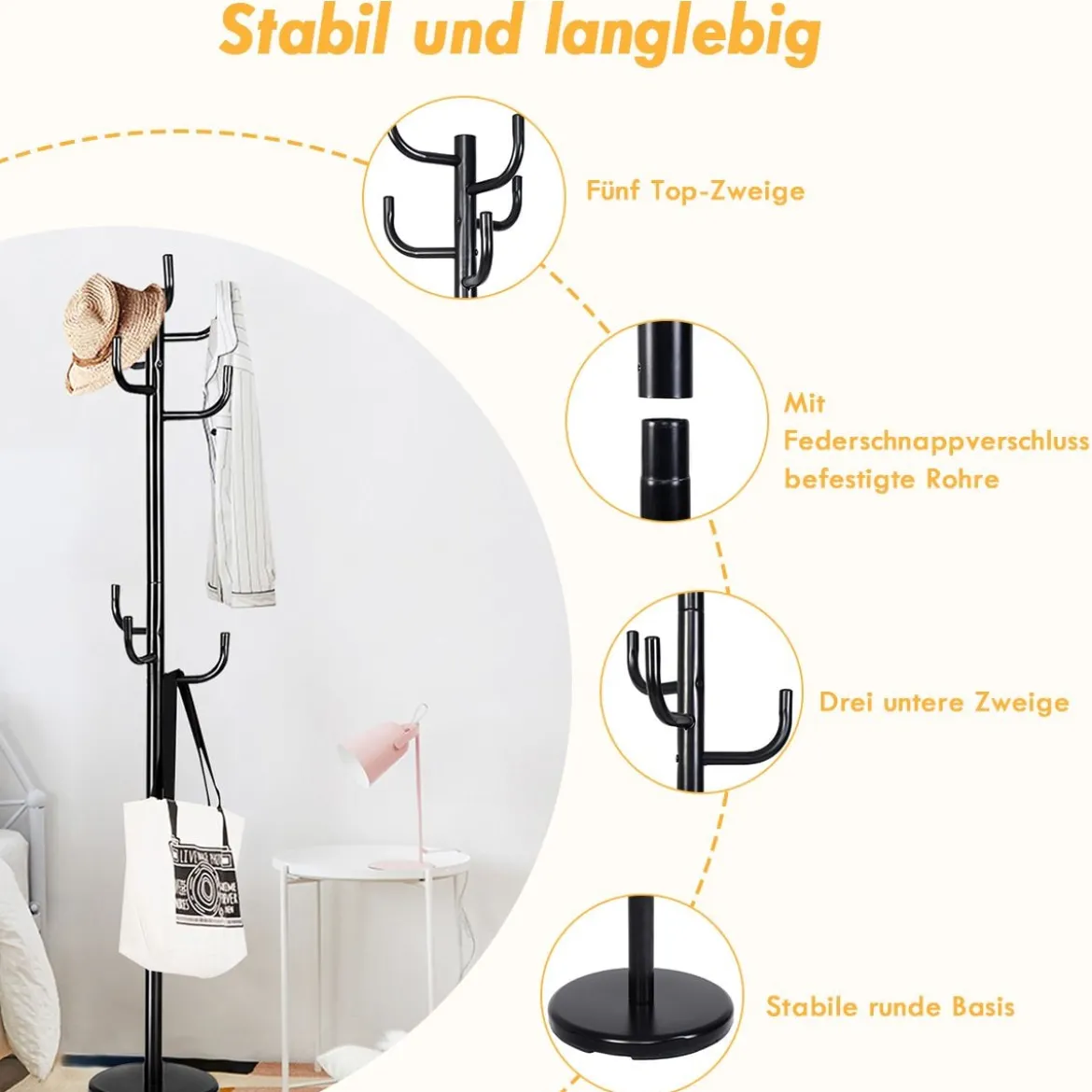 Garderobenständer mit 8 Haken Jackenständer aus Metall Schwarz 38 x 175 cm