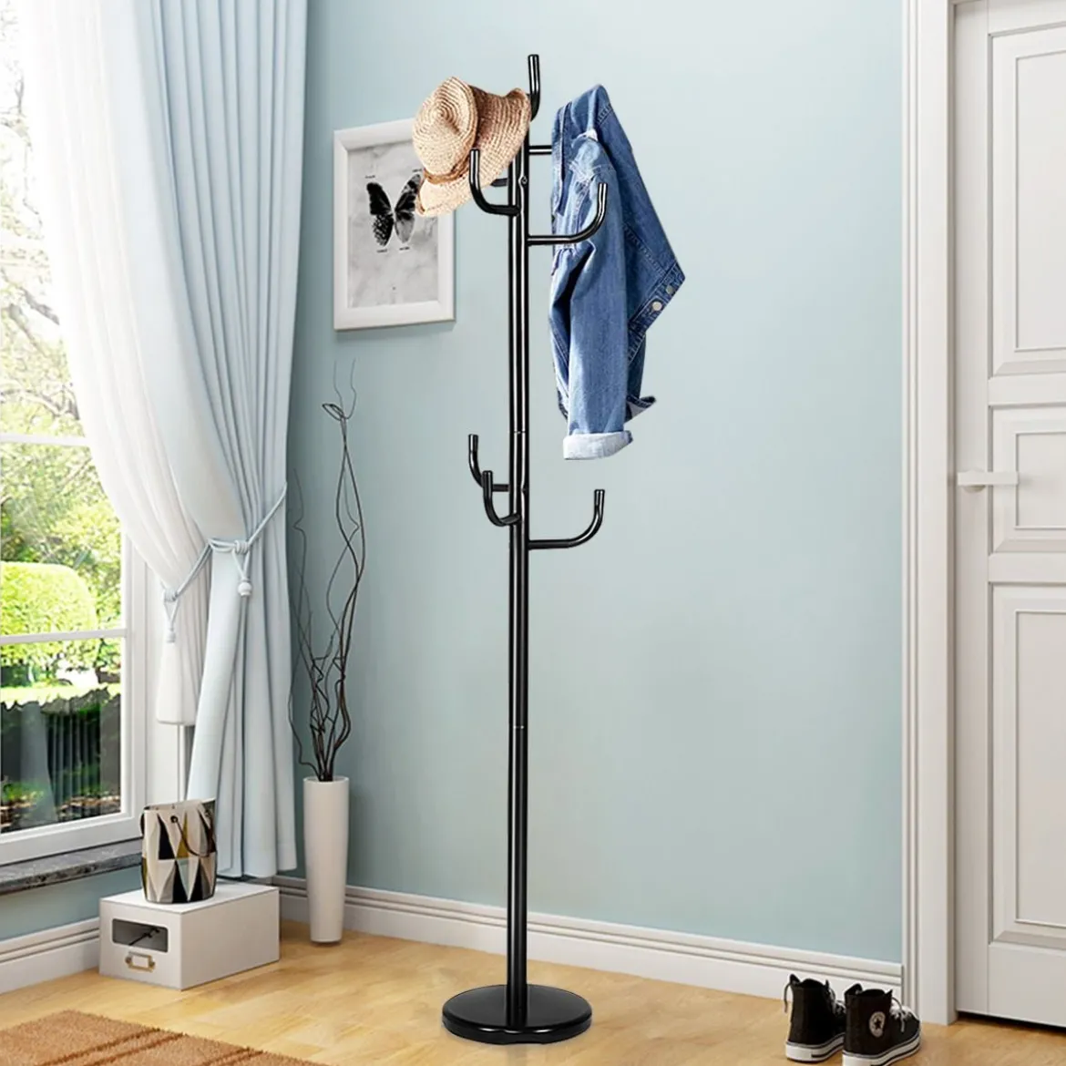 Garderobenständer mit 8 Haken Jackenständer aus Metall Schwarz 38 x 175 cm