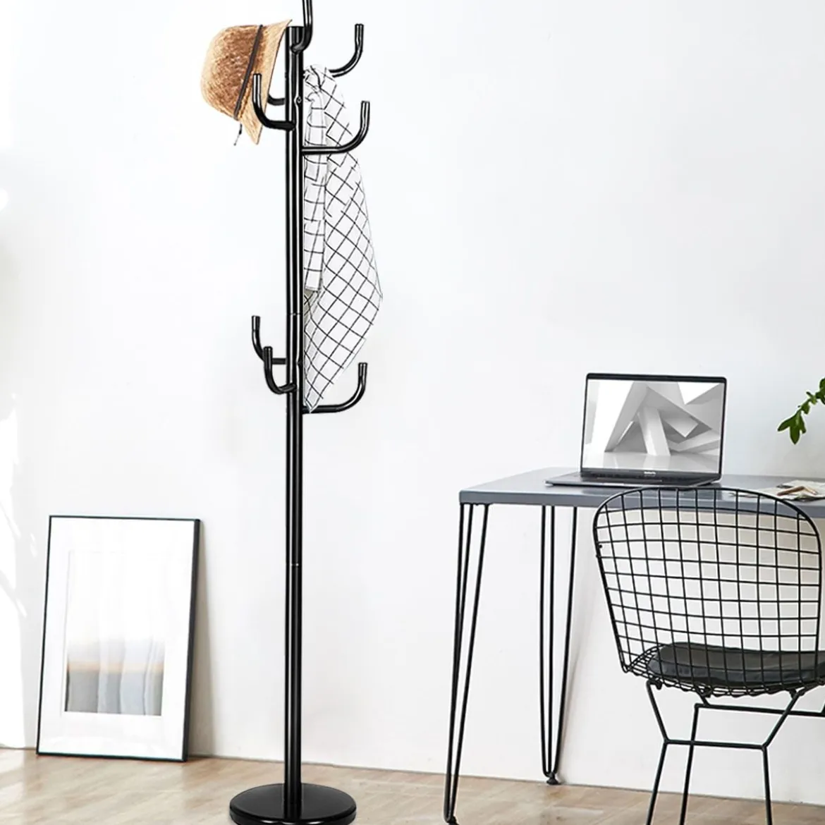 Garderobenständer mit 8 Haken Jackenständer aus Metall Schwarz 38 x 175 cm