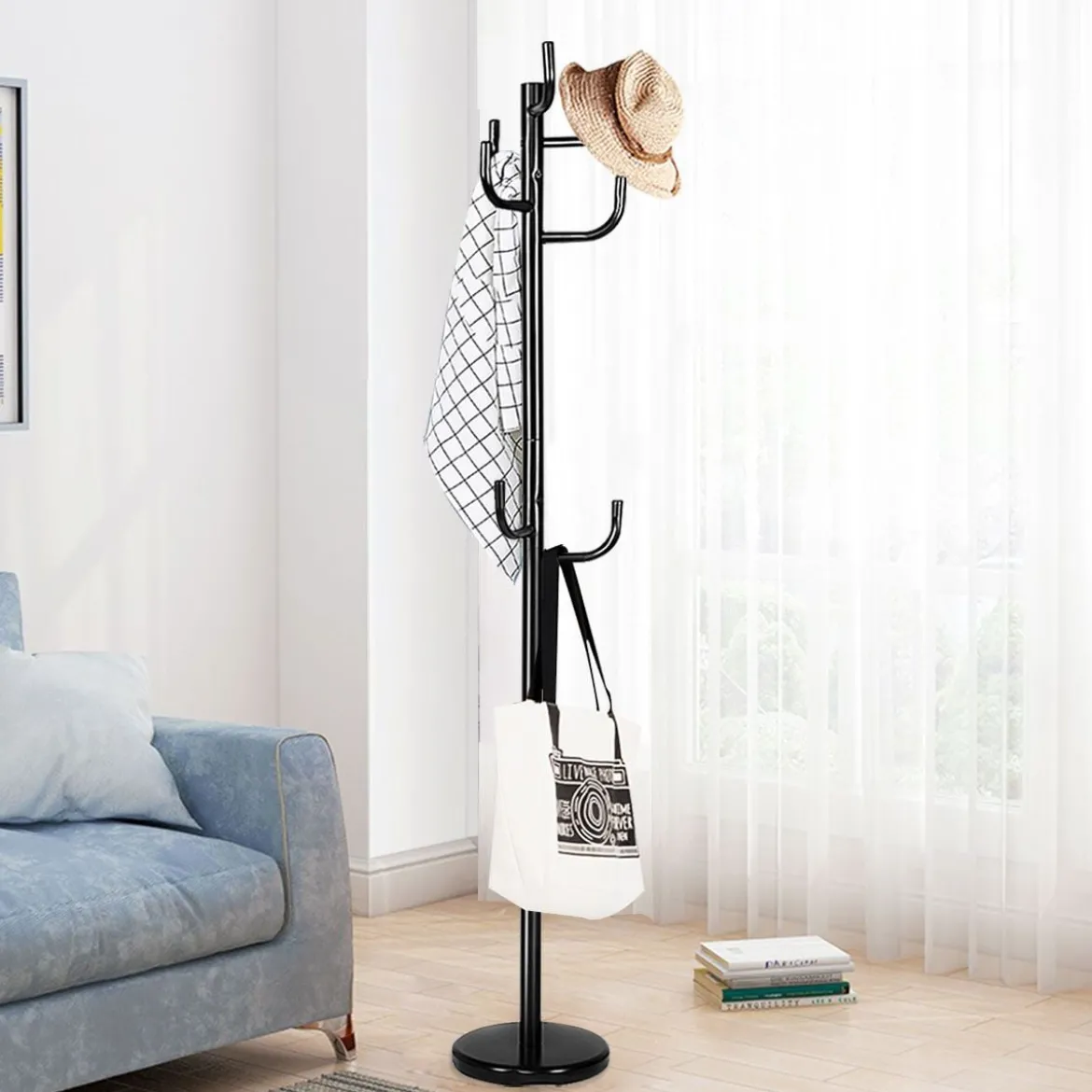 Garderobenständer mit 8 Haken Jackenständer aus Metall Schwarz 38 x 175 cm
