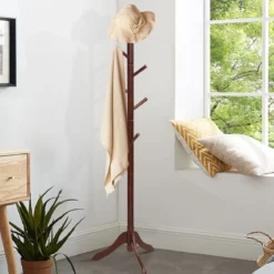 Garderobenständer mit 8 Haken Kleiderständer aus Holz höhenverstellbar 175 cm Braun