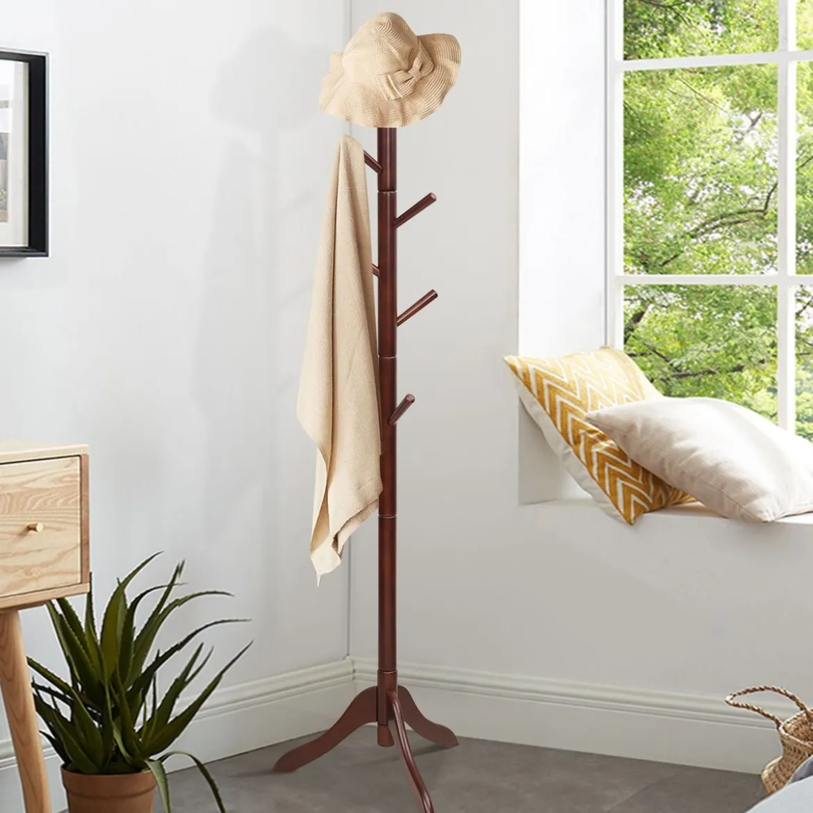 Garderobenständer mit 8 Haken Kleiderständer aus Holz höhenverstellbar 175 cm Braun