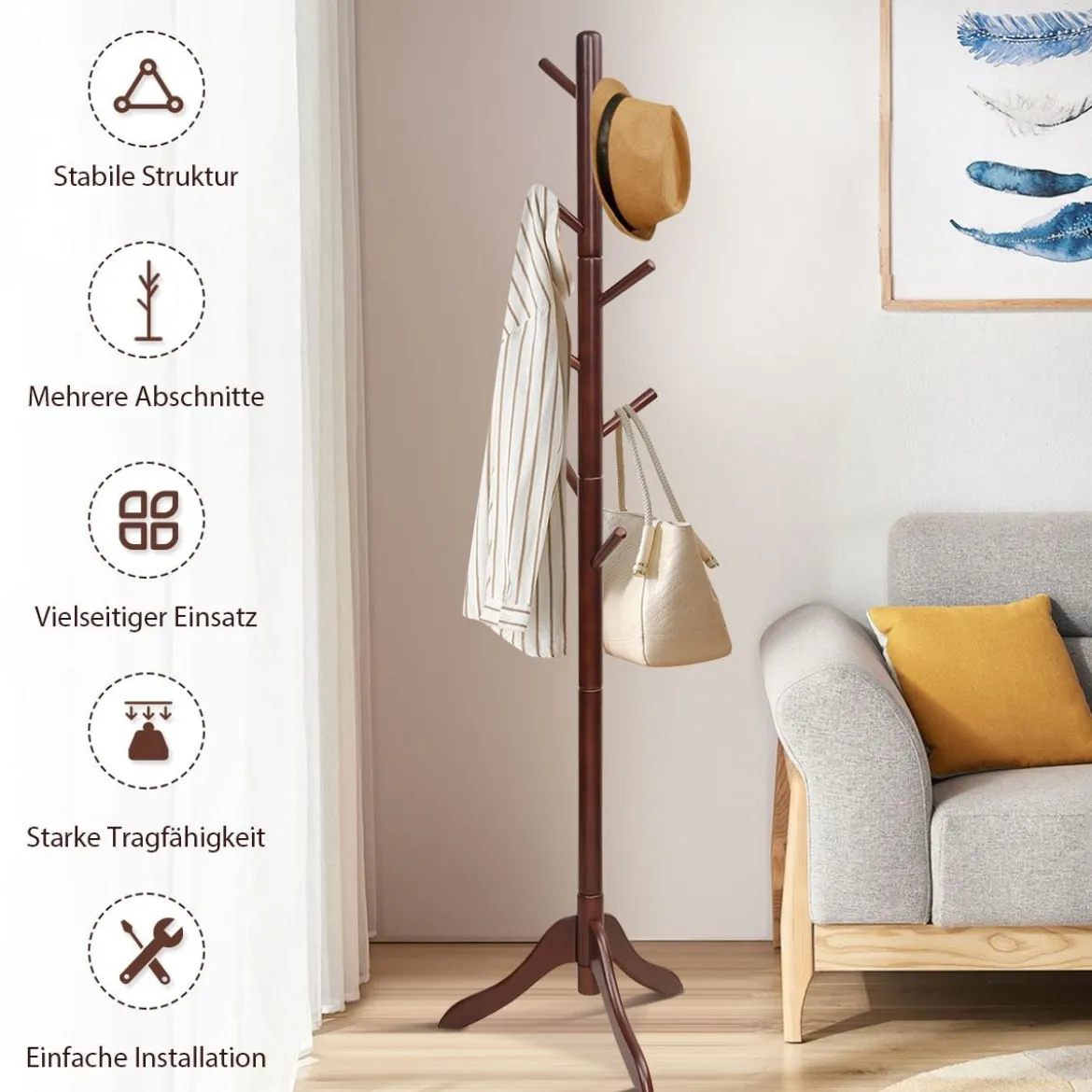 Garderobenständer mit 8 Haken Kleiderständer aus Holz höhenverstellbar 175 cm Braun