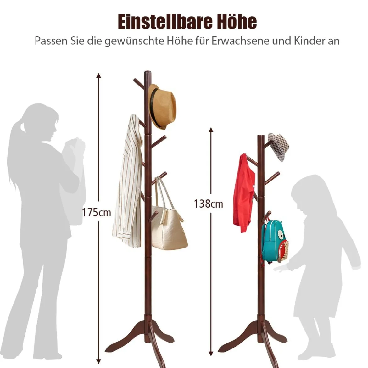 Garderobenständer mit 8 Haken Kleiderständer aus Holz höhenverstellbar 175 cm Braun