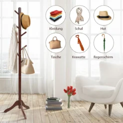 Garderobenständer mit 8 Haken Kleiderständer aus Holz höhenverstellbar 175 cm Braun
