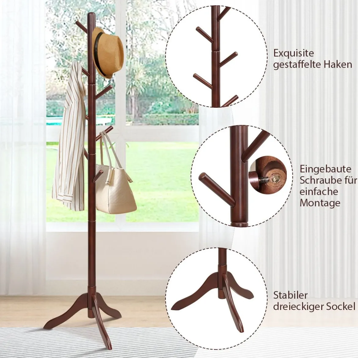 Garderobenständer mit 8 Haken Kleiderständer aus Holz höhenverstellbar 175 cm Braun