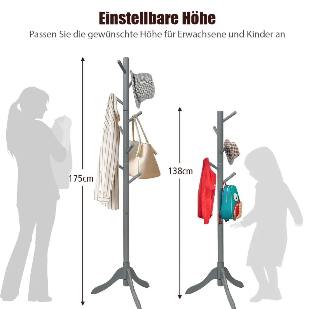 Garderobenständer mit 8 Haken Kleiderständer aus Holz höhenverstellbar 175 cm Grau