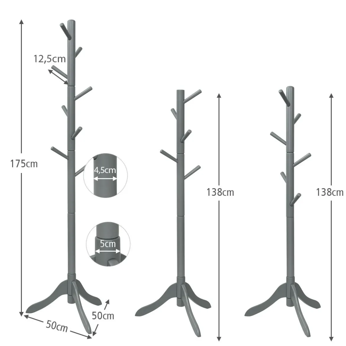 Garderobenständer mit 8 Haken Kleiderständer aus Holz höhenverstellbar 175 cm Grau