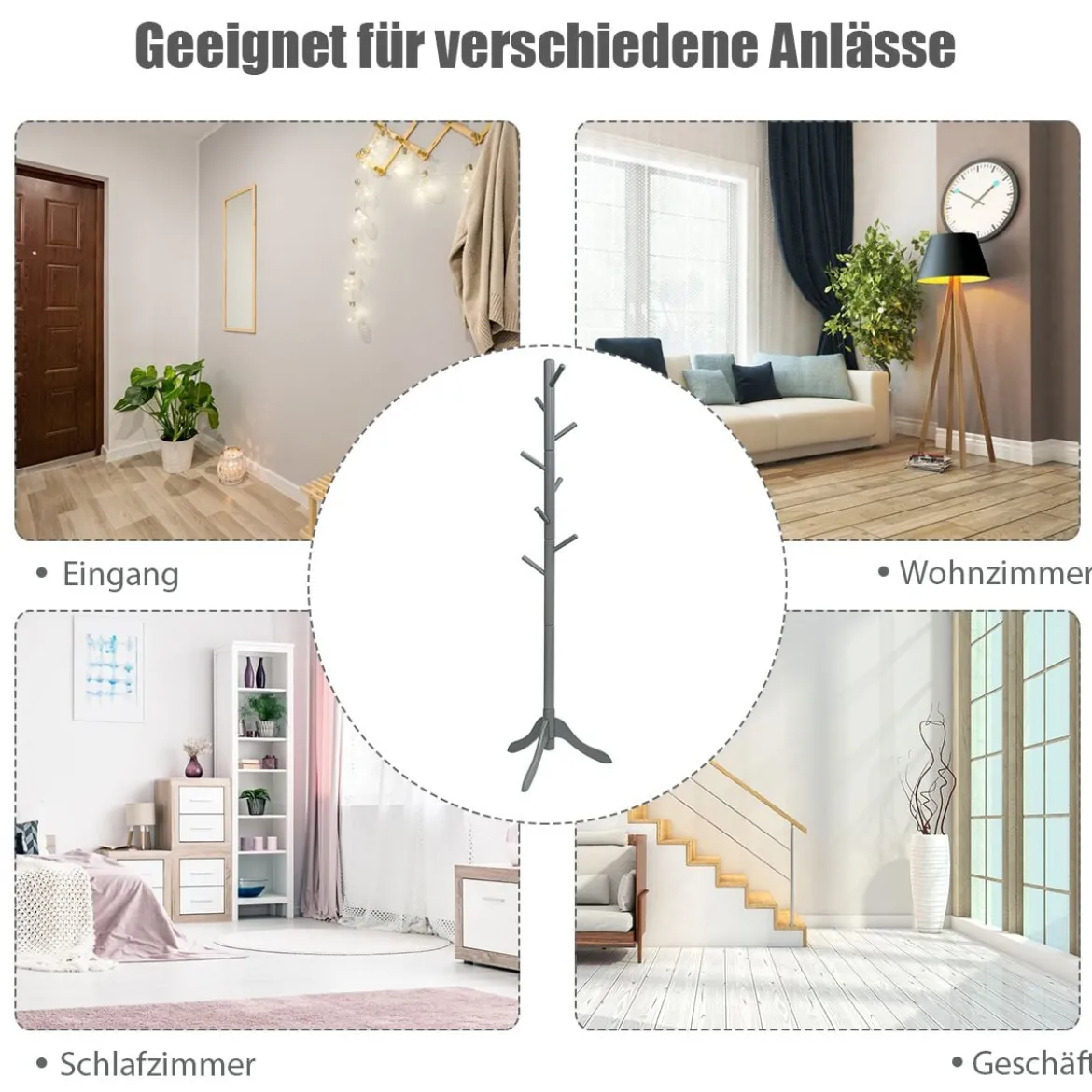 Garderobenständer mit 8 Haken Kleiderständer aus Holz höhenverstellbar 175 cm Grau