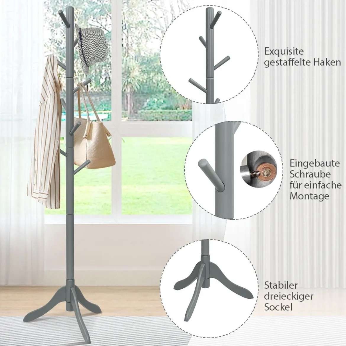 Garderobenständer mit 8 Haken Kleiderständer aus Holz höhenverstellbar 175 cm Grau