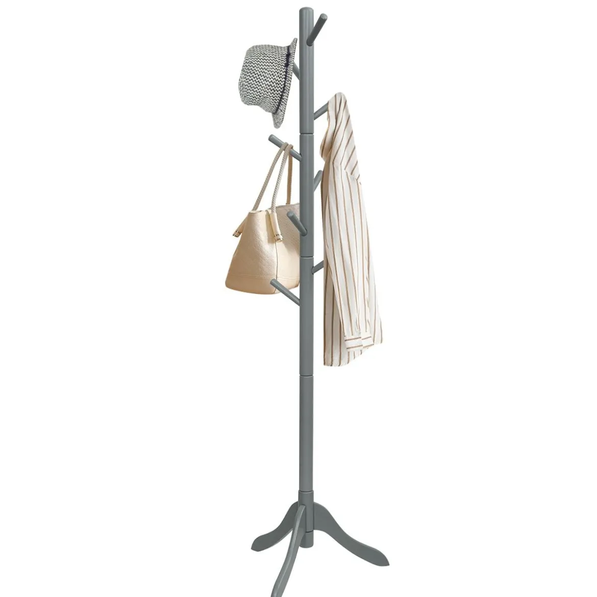 Garderobenständer mit 8 Haken Kleiderständer aus Holz höhenverstellbar 175 cm Grau