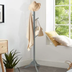 Garderobenständer mit 8 Haken Kleiderständer aus Holz höhenverstellbar 175 cm Grau