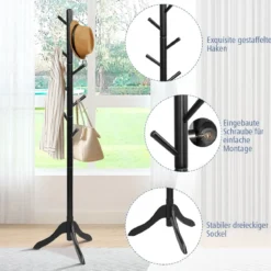 Garderobenständer mit 8 Haken Kleiderständer aus Holz höhenverstellbar 175 cm Schwarz