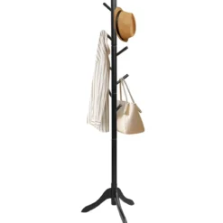 Garderobenständer mit 8 Haken Kleiderständer aus Holz höhenverstellbar 175 cm Schwarz