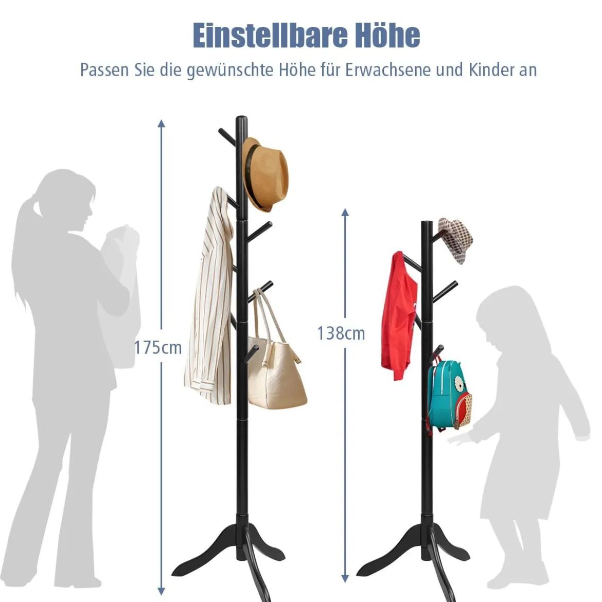 Garderobenständer mit 8 Haken Kleiderständer aus Holz höhenverstellbar 175 cm Schwarz