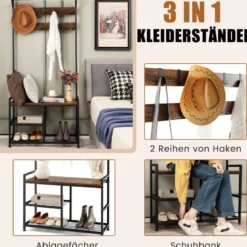 Garderobenständer mit 9 Haken & Schuhregal 3 Ebenen Garderobe Industrie-Design Braun