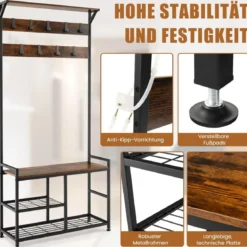 Garderobenständer mit 9 Haken & Schuhregal 3 Ebenen Garderobe Industrie-Design Braun