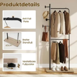 Garderobenständer mit 2 Kleiderstangen Standgarderobe aus Metall mit 4 Haken & Schuhablage